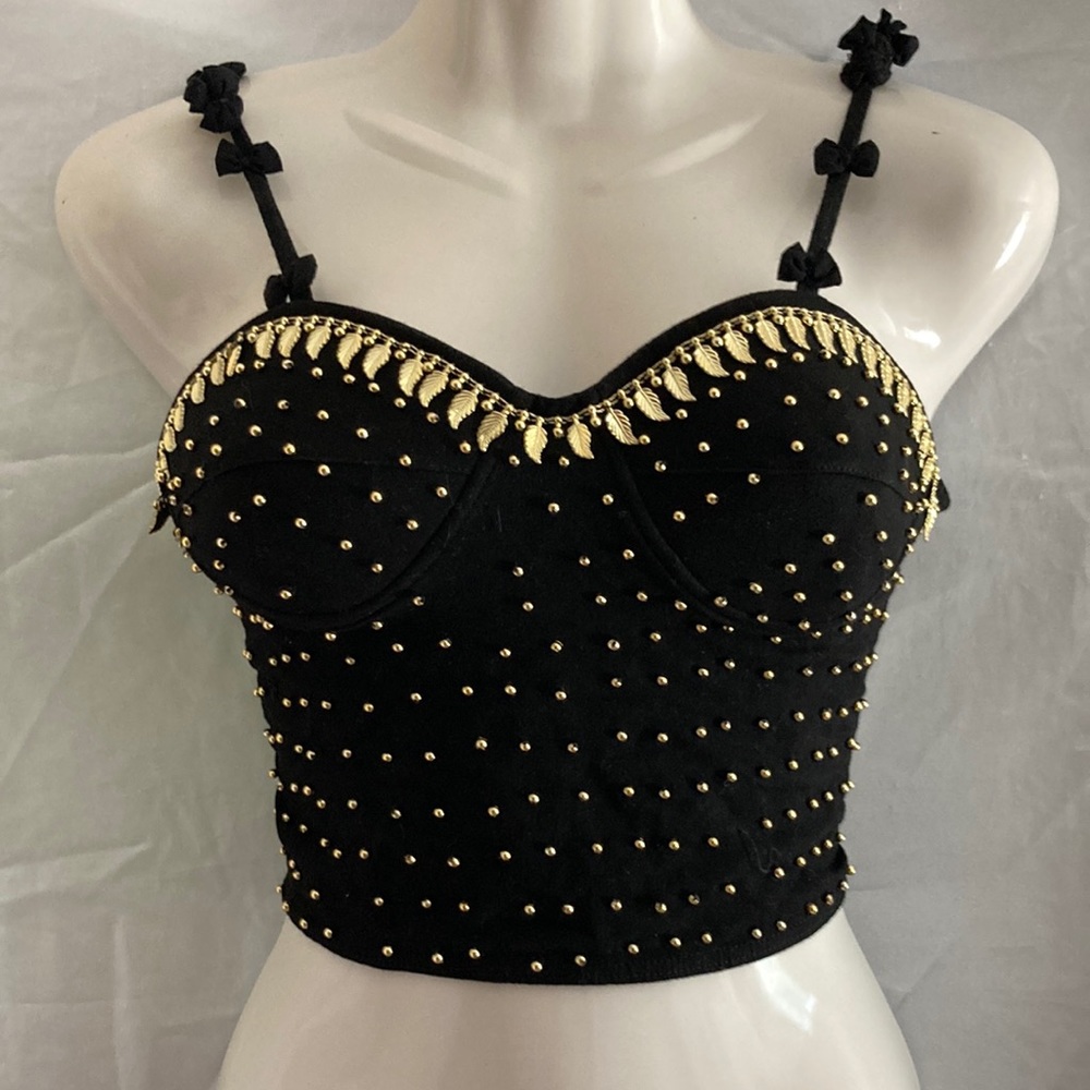 Black Corset with Gold Beading & Gold Accent, Hook Closure, sz L by Blue Sky